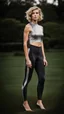 Placeholder: photography of a beautiful anorexic woman, silver satin top, sports illustrated, blond short wavy bob haircut, pronounced sternum, short leggins