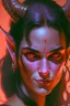 Placeholder: purple skin, glowing fiery eyes, smirk, soft female face, beautiful, graceful, horns from forehead, pontail, black hair, sidebangs