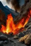 Placeholder: fire explosion under cracked mountains rocks,