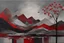 Placeholder: This painting is a colorful abstract artwork, featuring an array of grey tones and textures surrounded by various shapes and forms that create an interesting composition. In the background there are hints of a landscape with trees and mountains, while closer to the foreground there are splashes of red which could be interpreted as a bird in water. This piece has been created using acrylic paint on canvas, giving it an almost three-di