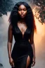 Placeholder: A portrait of a beautiful curvaceous black woman with long straight curly black hair, wearing a black lace dress with a deep v neck, sorceress, magical, ethereal, intricate, sharp lighting, misty. Painting, high quality, Ultra quality 8k.