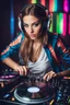 Placeholder: Photography super model pretty girl with headphones playing music on a turntable, dj rave party disco club