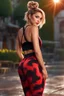 Placeholder: full body ,young woman with clear eyes, messy bun hair, bouncing looking back, soft velvet red/black two piece printed outfit, morning sun, cute, full body, ultra realistic, a variety of small details in the background, hyper realistic, surprised, sweet smile, 8k, HDR, 500px, by Koos Roos