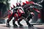 Placeholder: big dinosaur robot with black and red color schemes, in the style of fairy academia, hard-edge style, agfa vista, dynamic pose, oshare kei, hurufiyya, rtx, close picture, intricate details, highly detailed, high details, detailed portrait, masterpiece,ultra detailed, ultra quality