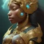 Placeholder: Sango fantasy, fantasy magic, intricate, sharp focus, illustration, highly detailed, digital painting, concept art, matte, art germ and Paul Lewin and Kehinde Wiley, masterpiece black Boar head bronze monkey Asian African girl nice breast Hawaiian hair turquoise golden waves