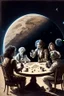 Placeholder: Captain Janeway, Einstein, Leonardo Davinci, Plato, and Amelia Earhart playing cards while drinking coffee sitting on the surface of the moon with Earth in the background