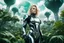 Placeholder: Wide angle photo of a sci-fi woman with blond hair, silver and black futuristic spacesuit looking android-like, standing on an alien jungle planet with cloud trees in multiple green hues