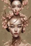 Placeholder: portrait, korean lady sitting on the throne, triangular face, thin lips, brown eyes, freckles, blond, dangerous, details, texture, pink flowers, Minimalism, Romanticism, Expressionism, Impressionism