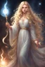 Placeholder: 26-year-old sorceress, with long wavy blonde hair that fell over her shoulders, brown eyes, dressed in a long nightgown, carrying a luminous wand in her hand