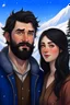 Placeholder: Mountain Christmas scene, dark haired couple, man with short black beard, blue eyes