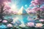 Placeholder: in a magical landscape with and bright and intens pastel tones, trees around a square and one crystal pyramid reflects the sun. Flowering shrubs and crystal cluster are in the foreground. A turquoise lake in the center with lotus flowers. There are iridescent particles of light in the sky, fine rays of light white colors.in the distance small forest, lots of fine details, gentle, sweet atmosphere, cinematic, color grading, editorial photography, Realistic picture. HD8k