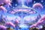 Placeholder: the luxurious gigantic space station of crystal in space, space mothership in the sky, lightening luminous blue crystal architecture, UFOs, blue waterfalls in the background, blue, white, or pink mountains, willow, wisteria, sakura trees, flowers, lights, 8k, super detailed, cinematic, pink, blue or parma light beams, stars, high definition, concept art, sharp focus