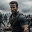 Placeholder: Hyper Realistic handsome-muscular-short-black-hair-Ryan-Reynolds fighting in a war sequence at dark-cloudy-day with dramatic-&-cinematic-ambiance