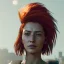 Placeholder: A beautiful portrait of a cyberpunk woman with lot's of grain on her skin red head with hair flying in the wind cyborg smiling facing camera orange color scheme, high key lighting, volumetric light high details with white stripes and feathers unreal 5, octane render, cinema4d, dynamic lighting, dramatic lighting, 4k, redshift render, highly detailed, hyper realistic