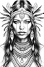 Placeholder: Pages with a beautiful native american woman's face, white background, Sketch style, only use an outline, Mandala style, clean line art, white background, no shadows, and clear and well outlined