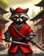 Placeholder: raccoon as a samurai, realistic, 2 katanas, city, red straw Hat