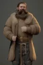 Placeholder: Medieval Fantasy Bearded strong man wearing a thick fur-lined merchant's coat, wearing gold rings, divine, halo, happy smiling, portrait, high definition, realistic, long hair, dynamic lighting, volumetric lighting, mustache