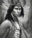 Placeholder: chaman, native american warrior, mature, long black hair, big muscles, black fabric coat like wings