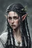 Placeholder: beautiful female elf of 20 years old, with long black braids, crying bitterly and desperately