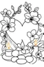 Placeholder: outline art for visually rich appealing heart in orchids plumeria rounded stones candles, ikebana style, coloring page for kids, white background, fit to page, only use outline, clean line art, no shadows, clear and well outlined