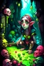 Placeholder: ((cute slimes)), ultra detailed illustration of a beautiful adult female elf, she is playing in a dungeon with ((slimes)), ((colorful slimes)), joy, art by MSchiffer, dark brown eyes, brunette, blushed, fangs, unzoom