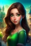 Placeholder: girl portraied as a disney character, disney developing style, disney main character with green eyes and dark brown hair, beautiful disney girl in a cityscape disney style background