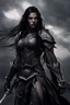 Placeholder: SA female elf with skin the color of storm clouds, deep grey, stands ready for battle. Her long black hair flows behind her like a shadow, while her eyes gleam with a fierce silver light. Despite the grim set of her mouth, there's a undeniable beauty in her fierce countenance. She's been in a fight, evidenced by the ragged state of her leather armor and the red cape that's seen better days, edges frayed and torn. In her hands, she grips two daggers, add dark shadow mystic purple flames