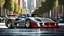 Placeholder: A sleekly designed (((Ferrari F40))), featuring contemporary styling elements reminiscent of modern supercars, with its signature aggressive contours and glossy finish, contrasting beautifully against a backdrop of a sunny, futuristic cityscape