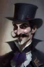 Placeholder: Strahd von Zarovich with a handlebar mustache and a top hat with a coy grin