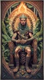 Placeholder: mandala style framed playing card illustration, close up portrait of an ace happy blessed ancient magical scaly slimy weird toga elf mad max soldier posing for photo shoot on a throne, holding a burning sceptre, in a space alien mega structure with stairs and bridges woven into a sacred geometry knitted tapestry in the middle of lush magic jungle, bokeh like f/0.8, tilt-shift lens 8k, high detail, smooth render, down-light, unreal engine, prize winning