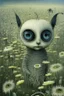 Placeholder: adorable H.R. Giger creature with big reflective eyes in a flower field, by Catrin Welz-Stein