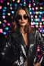 Placeholder: Full body Real photography beautiful woman super model European on fashion style dressing luxury jacket diamonds patterns,sunglasses,turn on music DJ player in disco club