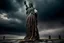 Placeholder: the statue of liberty, dress dirty and torn, her face solemn and terse, trash littered at her feet, she holds a crumpled american flag, she walks away with back turned under a dark and dreary sky, wide angle