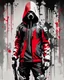 Placeholder: Banksy style. Full body. Vibrant and dynamic masterpiece of a hooded and gas masked killer Cyborg, his eyes are intense. Red, white and black colors, (((full body)))