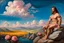 Placeholder: a handsome, muscular man with a well-groomed, bearded face and long, curly hair. He is sitting naked on a rock, surrounded by a picturesque valley adorned with pink and yellow rose flowers. The spring sky above is adorned with breathtakingly beautiful clouds. like oil painting 19th century