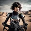 Placeholder: futuristic beautiful caucasian half cyborg female soldier, black metal body and limbs, chrome details, anorexic figure, short brunette wavy bob haircut, dystopian, desert scene