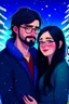 Placeholder: Christmas scene, dark haired couple, man with short black beard and glasses, woman with long hair, blue eyes, young couple, graphic