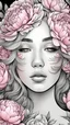 Placeholder: young woman, blonde hair, coloring page of a beautiful bouquet of peonies all around her face, her eyes are closed and dreaming peacefully, only her face shows, her face covered by the bouquet of peonies, with a black background, clear outline, no shadows, sketch colors, 4k