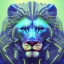 Placeholder: A beautiful portrait of a cyborg lion blue neon color scheme, high key lighting, volumetric light high details psychedelic background