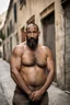 Placeholder: close up photography of an ugly 40 year old beefy robust burly marocan homeless, wearing his work shorts, shirtless, leaning with his back on the wall, crossing arms, dirty, sweat, wet, ajar mouth, hairy chest, , very virile, short beard, shaved hair,, , in a sunny street, photorealistic , frontal view from the ground