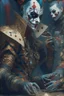 Placeholder: A harlequin character, playing cards with other people , sf, intricate artwork masterpiece, ominous, matte painting movie poster, golden ratio, trending on cgsociety, intricate, epic, trending on artstation, by artgerm, h. r. giger and beksinski, highly detailed, vibrant, production cinematic character render, ultra high quality model