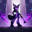 Placeholder: a fox fursona, darker colors, master quality, backlighting, soft lights, full body portrait, in frame, 8k, furry, fur, black and purple color pallet, robotic arm, cyberpunk, anthropomorphic