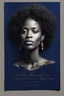 Placeholder: An extremely formal, funeral program written in French for a black woman (include a front photograph of a beautiful lightly tanned biracial black woman) on darkest blue deeply pigmented velvet paper with brilliant, brightest heavy bright shining platinum calligraphy fonts, simple, minimalistic, less element, very dramatic lighting