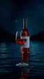 Placeholder: a glass, on river water surface dark background with stars a bottle of wine and a sparkling lights dots