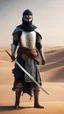 Placeholder: A Muslim knight, strong build, holding a sword, standing in the desert, face masked, soldiers behind him