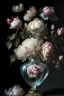 Placeholder: Meissen Porcelain Clear Crystal Vase sitting on a table with a dark background, many large flowers, peonies, roses, tulips