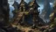 Placeholder: A hobbled together goblin fortress, abandoned, falling apart, fortifies, traps everywhere, wooden walls, decrepit structures, rocky terrain, realistic, medieval, painterly