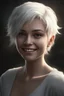 Placeholder: Werewolf, Chiaroscuro lighting, deep shadows, rich deep colors, masterpiece, full body portraits, 8K Ultra-HD, Hyper Realistic, Photorealistic, Realistic, focused, Clear, Extremely Detailed, beautiful, Cinematic, proportionate, full color, an image of a smiling young female Werewolf with short, pixie-cut bleached white hair, tapered on the sides, wearing a pair of blue round lensed glasses, big, gold hoop earrings, big happy smile, a foggy, cloudy blue background