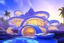 Placeholder: landscape of summer tropical ambient beutiful villa white gold and neon lights bright and colorful bright gloss effect of a futuristic house,like spaceship, natural round shapes concept, large transparent view of the open outdoor garden,sea beach at sunset, gold crystals,with light pink, flowers of Lotus, beutiful pools, light of sun , palmiers,cerisiers en fleurs, wisteria, sun , stars, small waterfalls