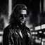 Placeholder: Zack Efron frontal wearing sunglasses, very long hair and a leather jacket, dark rainy city clair-obscur background, Black and white photo-realistic synthwave, darksynth, retrowave, Syd Mead style